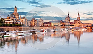 Dresden. Germany, during twilight blue hour with reflection of the city in Elbe River