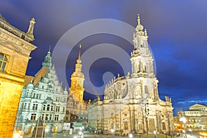 Dresden landmarks in Schlossplatz at night, Germany