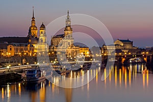 Dresden night cityscape-Bruehl Terrace, Hofkirche Church, Royal Palace, Semper Opera photo