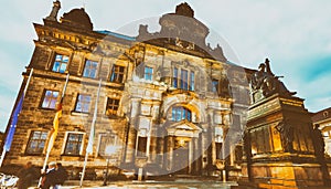 Dresden at night with Court of Appeal and statue of Frederick A