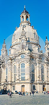 Dresden, Saxony, Germany - June 1, 2022: View of historical center, Church of our Lady and Neumarkt square in downtown of Dresden