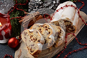 Dresdner Stollen is a Traditional German Cake with raisins. Gift for Christmas. photo
