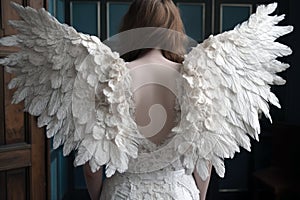 Dress With Angel Wings On A Young Woman, Back View. Generative AI