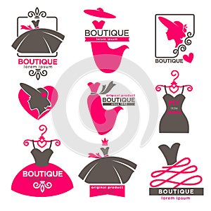 Dress boutique or fashion atelier salon vector icons set photo