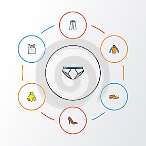 Dress Colorful Outline Icons Set. Collection Of Man Footwear, Trousers, Evening Gown And Other Elements. Also Includes photo
