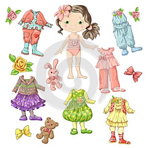 Dress a cute doll with sets of clothes with accessories and toys.