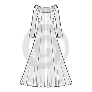 Dress evening technical fashion illustration with scoop neck, maxi floor length, fitted body, circular fullness