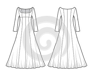 Dress evening technical fashion illustration with scoop neck, maxi floor length, fitted body, circular fullness