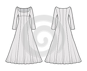 Dress evening technical fashion illustration with scoop neck, maxi floor length, fitted body, circular fullness