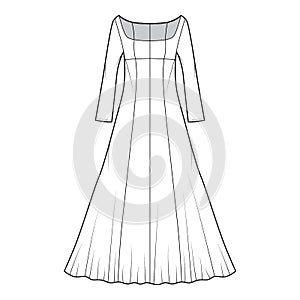 Dress evening technical fashion illustration with scoop neck, maxi floor length, fitted body, circular fullness