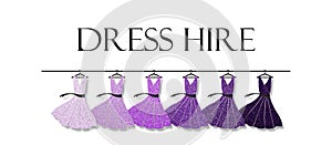 Dress Hire text with purple dresses on hanger