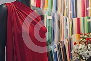 Dress on a mannequin and a choice of multi-colored fabric in a store