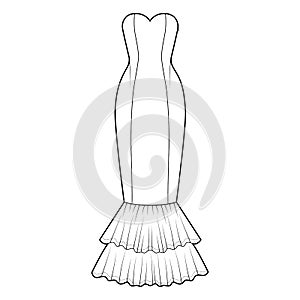 Dress mermaid technical fashion illustration with strapless sweetheart neckline, fitted floor maxi length circular skirt