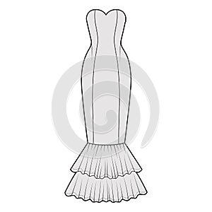 Dress mermaid technical fashion illustration with strapless sweetheart neckline, fitted floor maxi length circular skirt