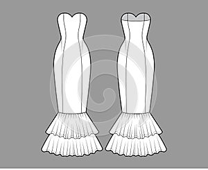 Dress mermaid technical fashion illustration with strapless sweetheart neckline, fitted floor maxi length circular skirt