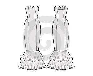 Dress mermaid technical fashion illustration with strapless sweetheart neckline, fitted floor maxi length circular skirt