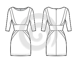 Dress panel tube technical fashion illustration with hourglass silhouette, elbow sleeves, fitted body, mini length skirt