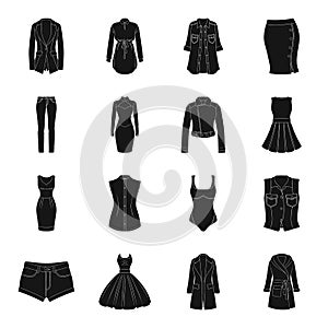 Dress, sarafan, coats of women`s clothing. Women`s clothing set collection icons in black style vector symbol stock
