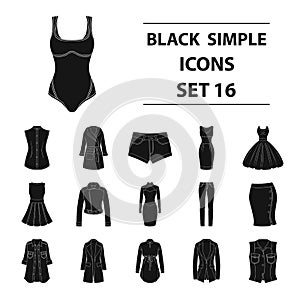 Dress, sarafan, coats of women`s clothing. Women`s clothing set collection icons in black style vector symbol stock