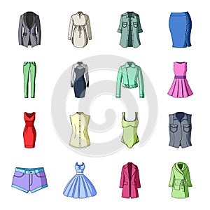Dress, sarafan, coats of women`s clothing. Women`s clothing set collection icons in cartoon style vector symbol stock