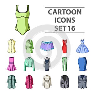 Dress, sarafan, coats of women`s clothing. Women`s clothing set collection icons in cartoon style vector symbol stock