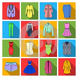 Dress, sarafan, coats of women`s clothing. Women`s clothing set collection icons in flat style vector symbol stock