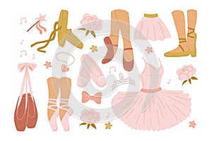 Dress, shoes and accessories for ballet dancer, pointe footwear on slender ballerina legs set