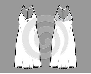 Dress slip technical fashion illustration with oversized body, knee length pencil skirt, racerback. Flat apparel front photo