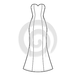 Dress trumpet technical fashion illustration with strapless sweetheart neckline, fitted body, maxi length circular skirt