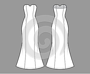 Dress trumpet technical fashion illustration with strapless sweetheart neckline, fitted body, maxi length circular skirt