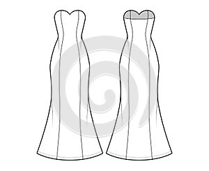 Dress trumpet technical fashion illustration with strapless sweetheart neckline, fitted body, maxi length circular skirt