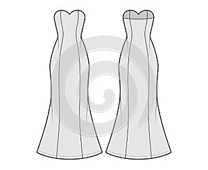 Dress trumpet technical fashion illustration with strapless sweetheart neckline, fitted body, maxi length circular skirt