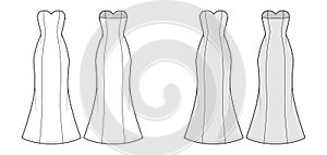 Dress trumpet technical fashion illustration with strapless sweetheart neckline, fitted body, maxi length circular skirt