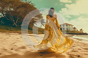 dress woman hat hippie lifestyle sea beach summer person beautiful fashion. Generative AI.