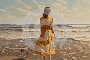 dress woman sea beach summer fashion female lifestyle hippie beautiful person. Generative AI.