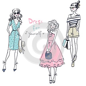 Dress for yourself. Fashion girls, casual look, vector illustration