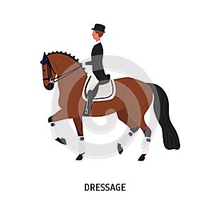 Dressage, horse riding flat vector illustration. Horseman cartoon character. Horse-breaking, training and domestication