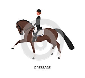 Dressage, horseback riding flat vector illustration. Equestrienne cartoon character. Hoss training, competition