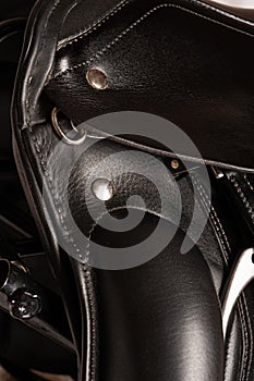 dressage saddle details. close up shot