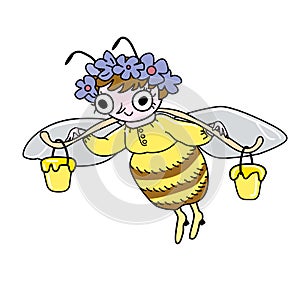 Dressed bee carrying buckets of honey