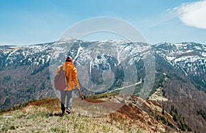 Oblečená zářivě oranžová bunda batohem chodící borůvkovým polem pomocí trekových holí s pozadím pohoří, Slovensko.