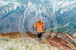 Oblečená zářivě oranžová bunda batůžkářka chůzi po červené borůvkové pole pomocí trekových holí s pozadím pohoří,