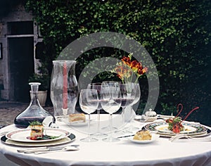 Dressed gourmet table against outdoor luxurious foliage