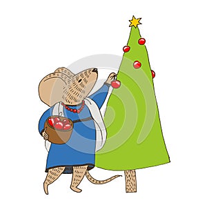 Dressed mouse decorates christmas tree with red balls