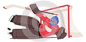 Dressed In Protective Gear, The Hockey Goalkeeper Defend The Net. Masked Determination And Poised Stance