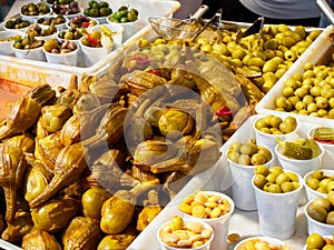 Berenjenas de Almagro eggplant in a stall of a market. photo
