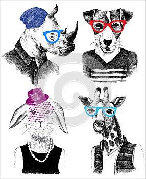 Dressed up animals set in hipster style
