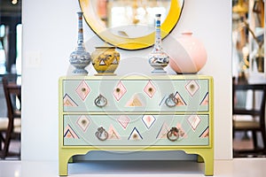 dresser with decorative knobs and a glass top