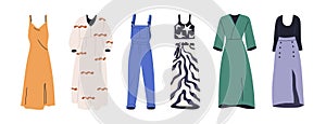 Dresses and skirts, jumpsuit, female apparels set. Women garments, fashion wearings. Casual feminine summer clothes in