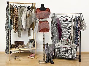 Dressing closet with animal print clothes arranged on hangers.